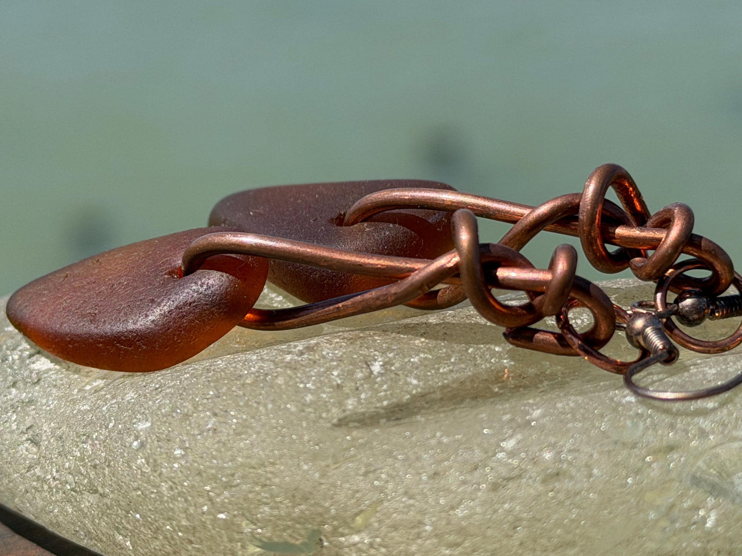 Sea glass and recycled copper earrings, unique earrings, ethical jewellery, unusual boho jewellery, sea glass jewellery, orange sea glass