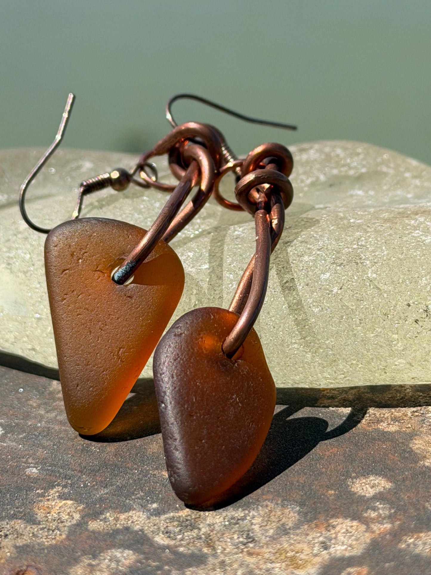 Sea glass and recycled copper earrings, unique earrings, ethical jewellery, unusual boho jewellery, sea glass jewellery, orange sea glass
