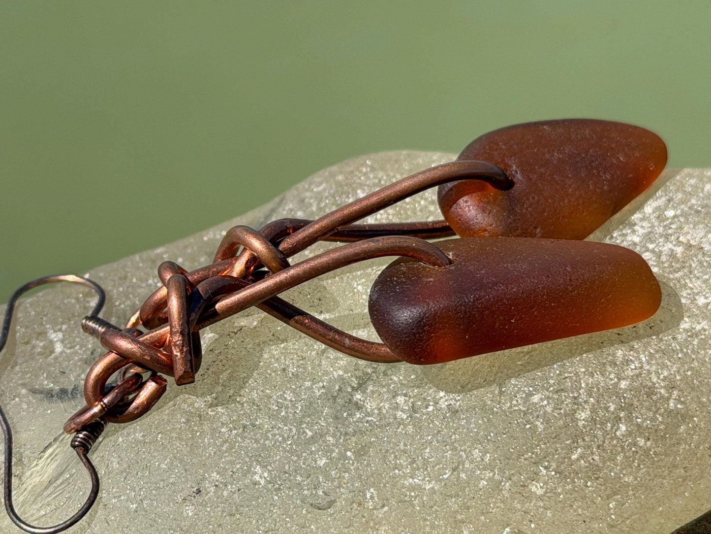 Sea glass and recycled copper earrings, unique earrings, ethical jewellery, unusual boho jewellery, sea glass jewellery, orange sea glass