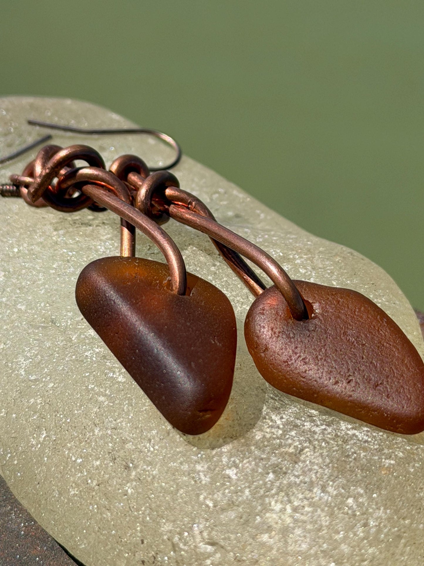 Sea glass and recycled copper earrings, unique earrings, ethical jewellery, unusual boho jewellery, sea glass jewellery, orange sea glass