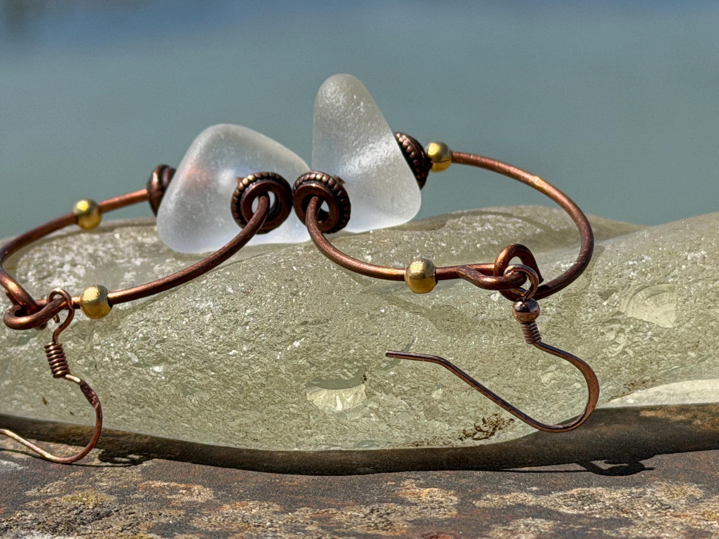 Eco friendly glass hoops on recycled copper.. Unique earrings, ethical jewellery, unusual boho jewellery, eco friendly jewellery. Eco gifts.