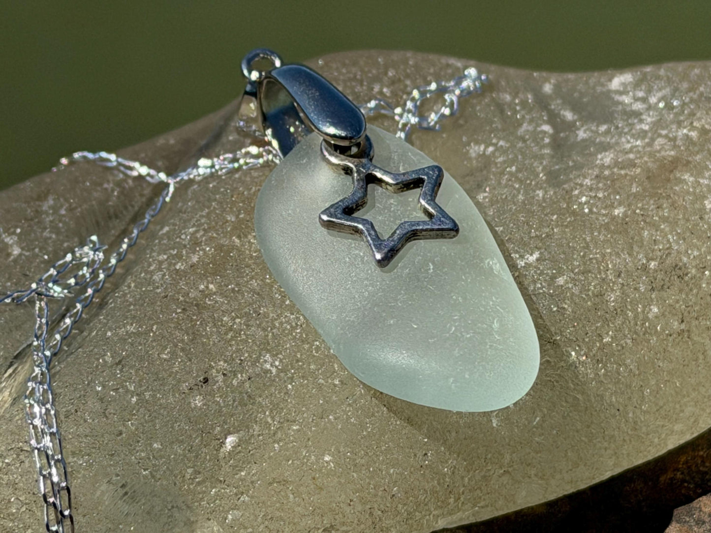 Eco friendly sea glass necklace on a sterling silver chain. Congratulations present, your a star, star necklace. Graduation gift, well done