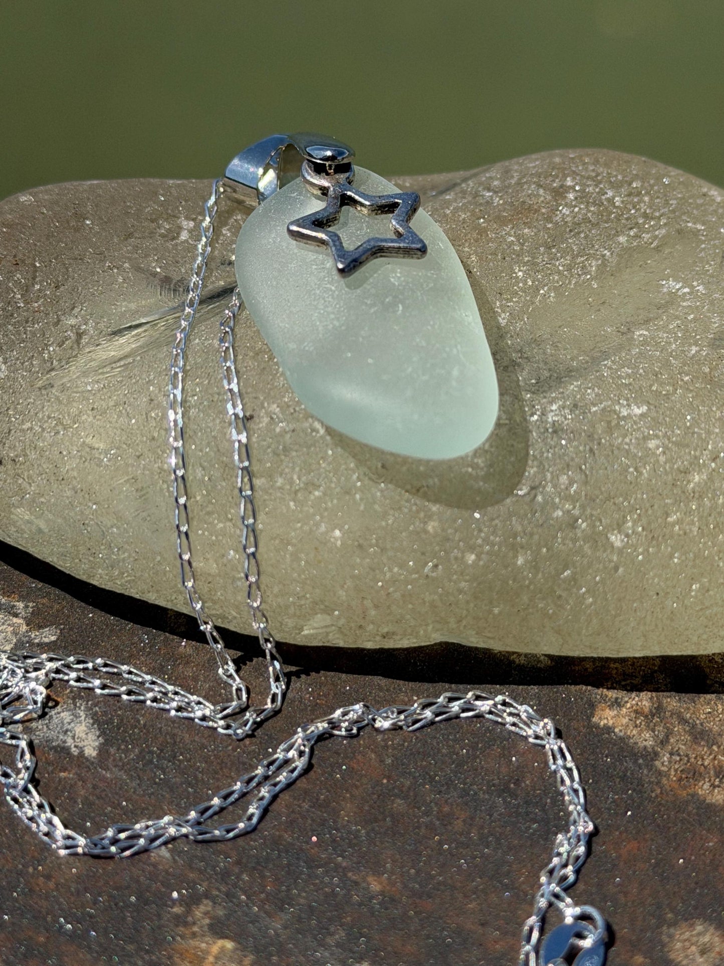 Eco friendly sea glass necklace on a sterling silver chain. Congratulations present, your a star, star necklace. Graduation gift, well done