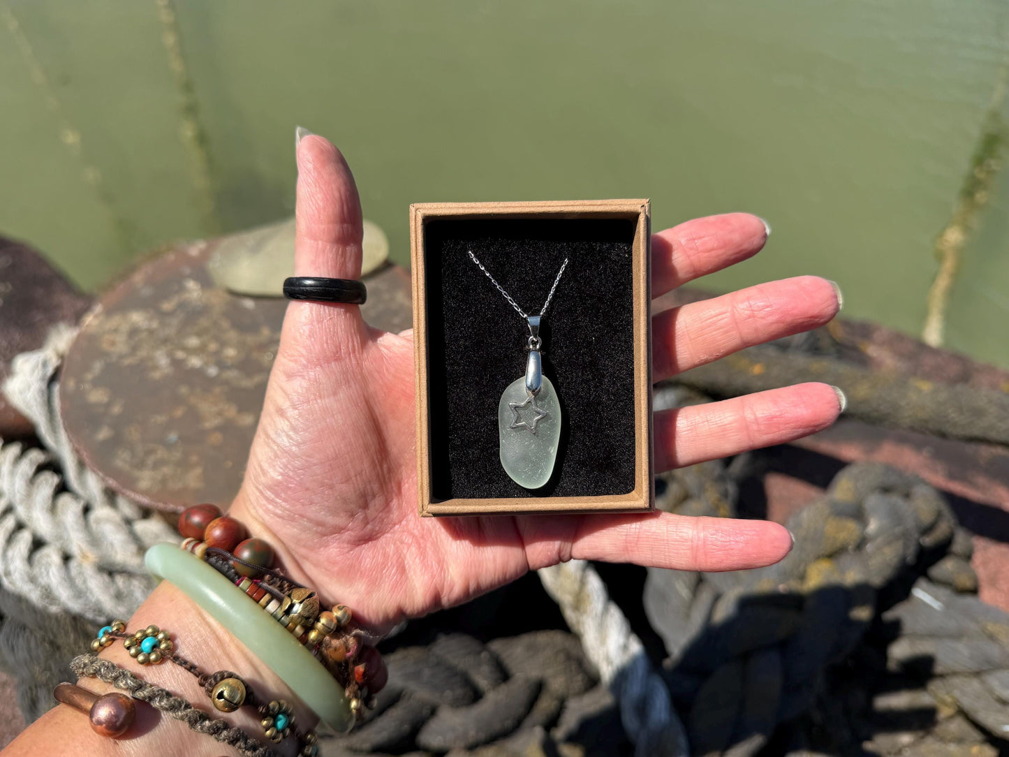 Eco friendly sea glass necklace on a sterling silver chain. Congratulations present, your a star, star necklace. Graduation gift, well done
