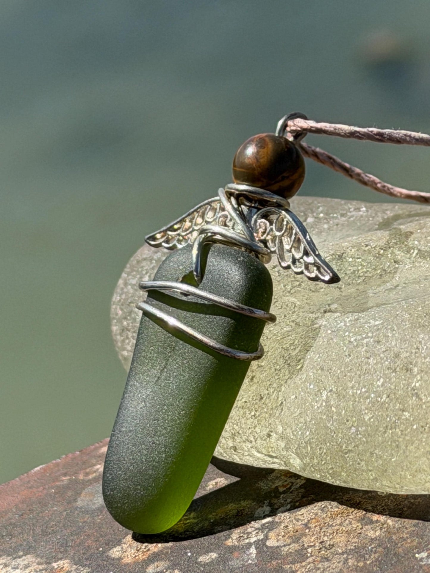Guardian angel necklace, sea glass necklace, unique necklace, eco friendly gift for her. Ethical  jewellery, boho necklace, angel pendant