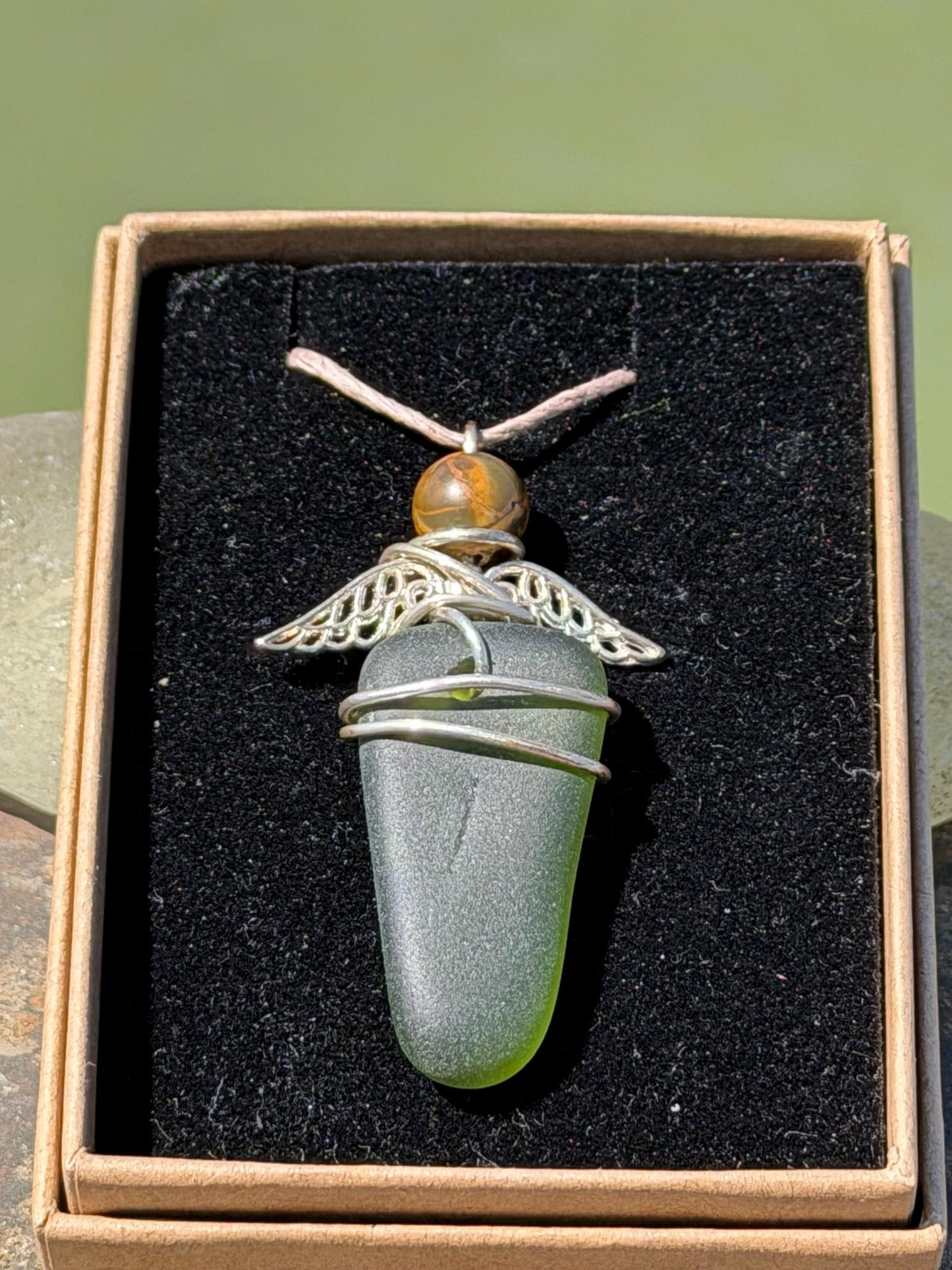 Guardian angel necklace, sea glass necklace, unique necklace, eco friendly gift for her. Ethical  jewellery, boho necklace, angel pendant