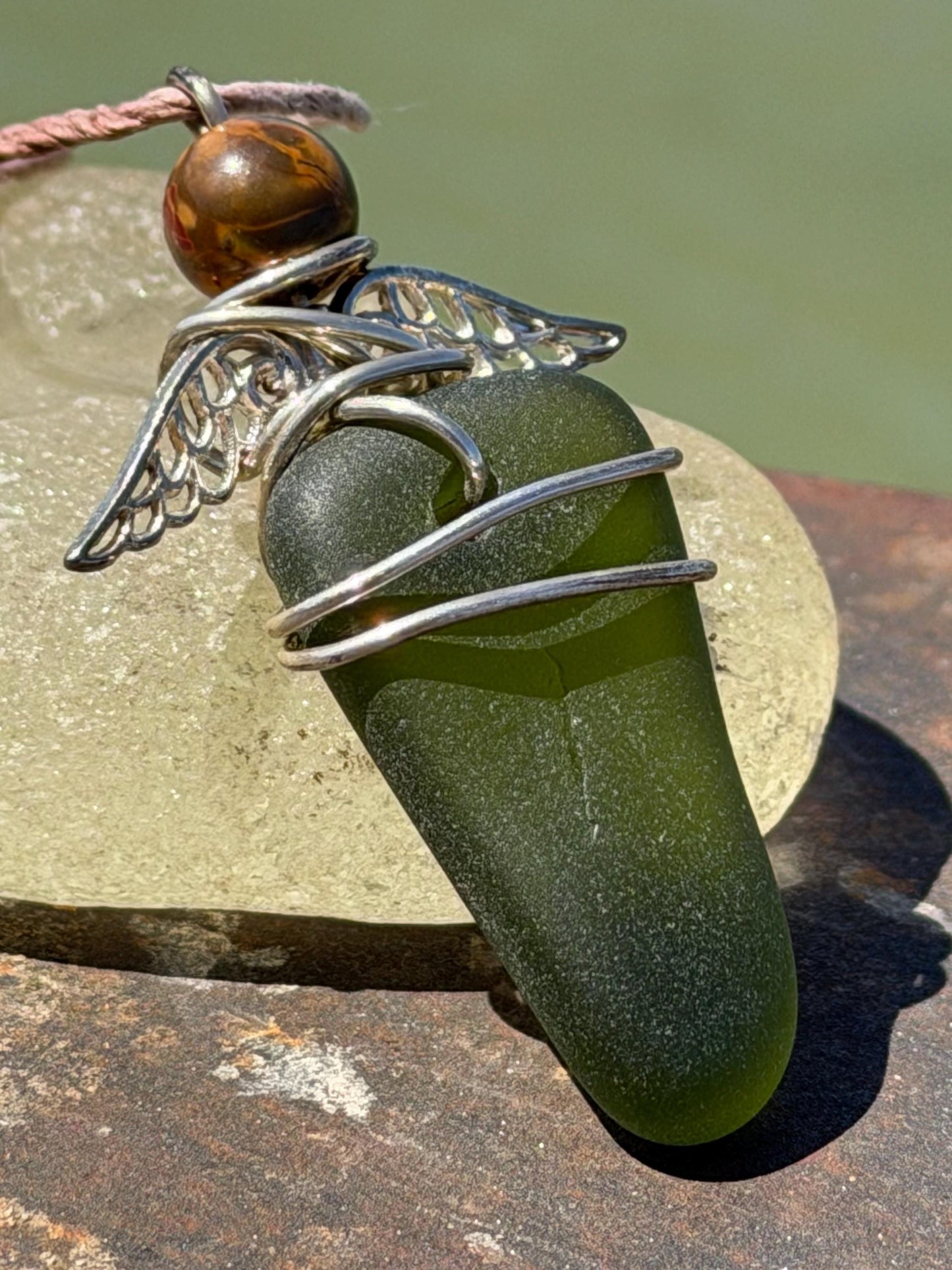 Guardian angel necklace, sea glass necklace, unique necklace, eco friendly gift for her. Ethical  jewellery, boho necklace, angel pendant