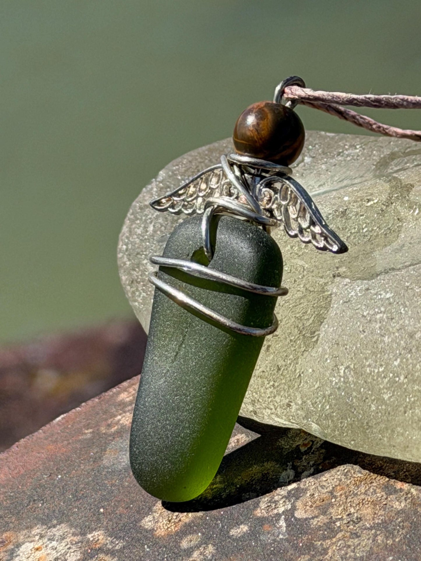 Guardian angel necklace, sea glass necklace, unique necklace, eco friendly gift for her. Ethical  jewellery, boho necklace, angel pendant