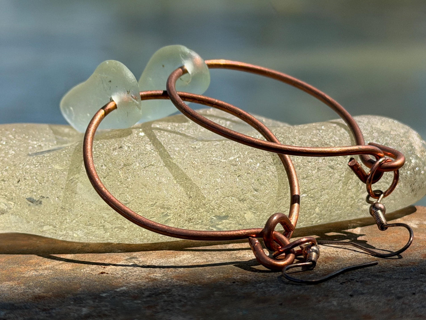 Eco friendly glass hoops on recycled copper.. Unique earrings, ethical jewellery, unusual boho jewellery, eco friendly jewellery. Eco gifts.