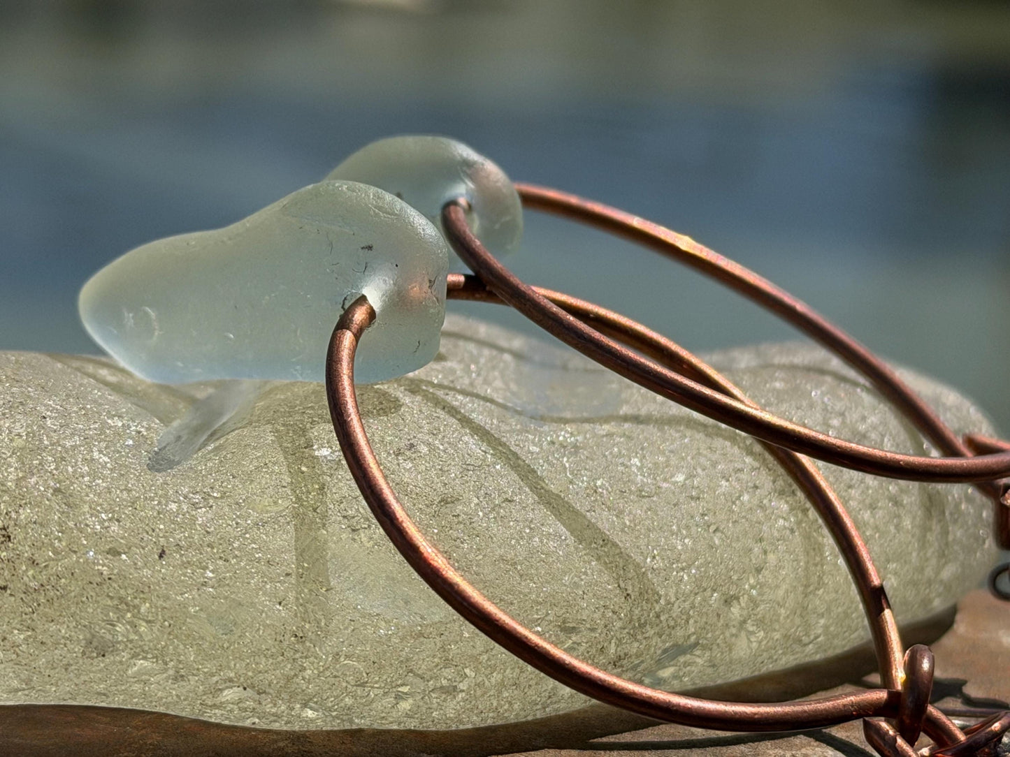 Eco friendly glass hoops on recycled copper.. Unique earrings, ethical jewellery, unusual boho jewellery, eco friendly jewellery. Eco gifts.