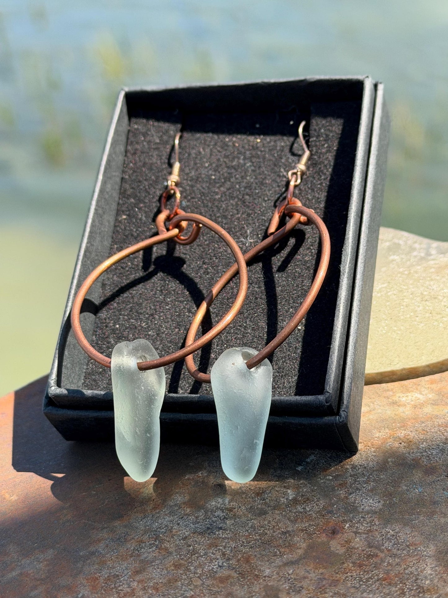 Eco friendly glass hoops on recycled copper.. Unique earrings, ethical jewellery, unusual boho jewellery, eco friendly jewellery. Eco gifts.