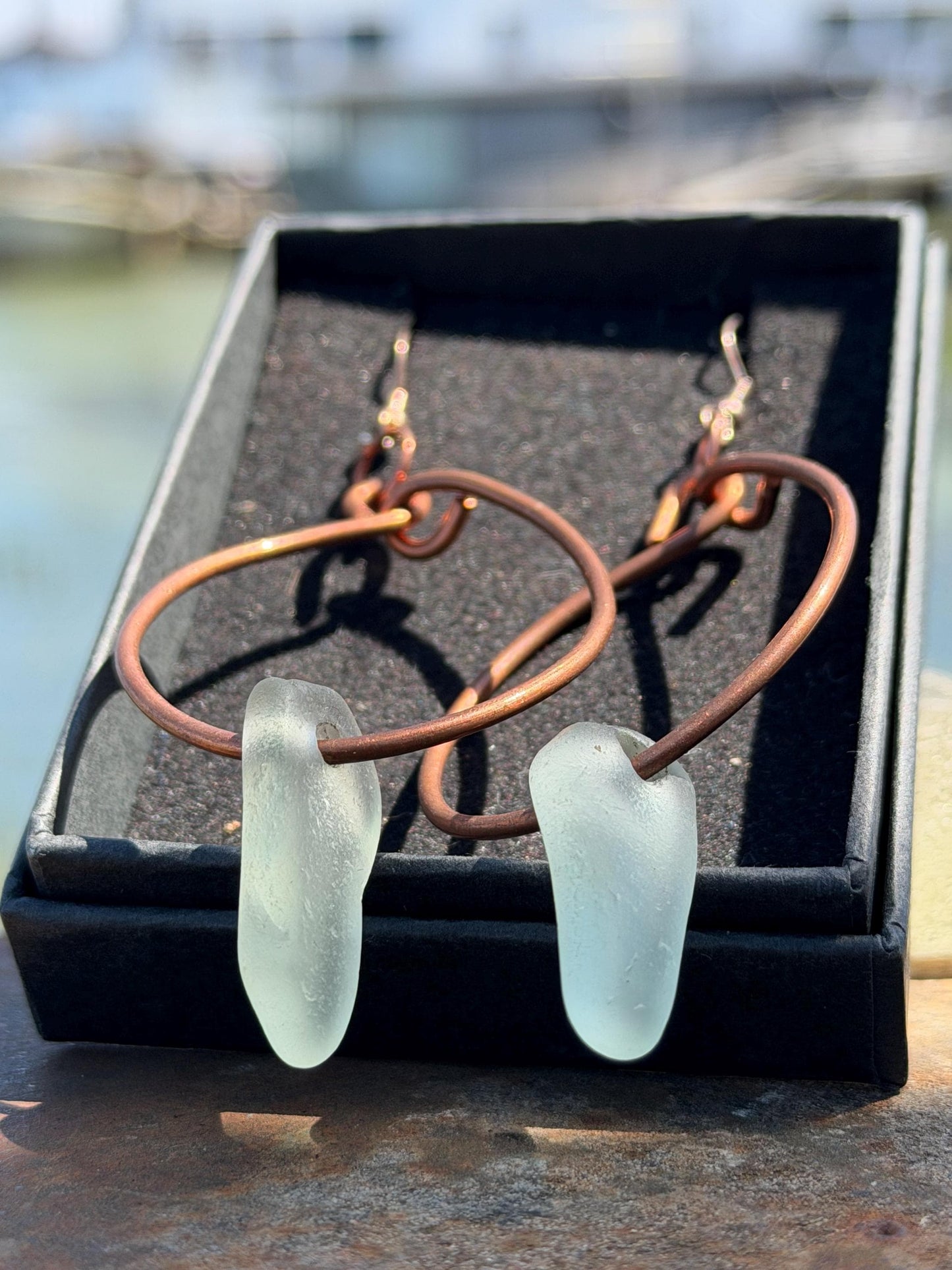 Eco friendly glass hoops on recycled copper.. Unique earrings, ethical jewellery, unusual boho jewellery, eco friendly jewellery. Eco gifts.