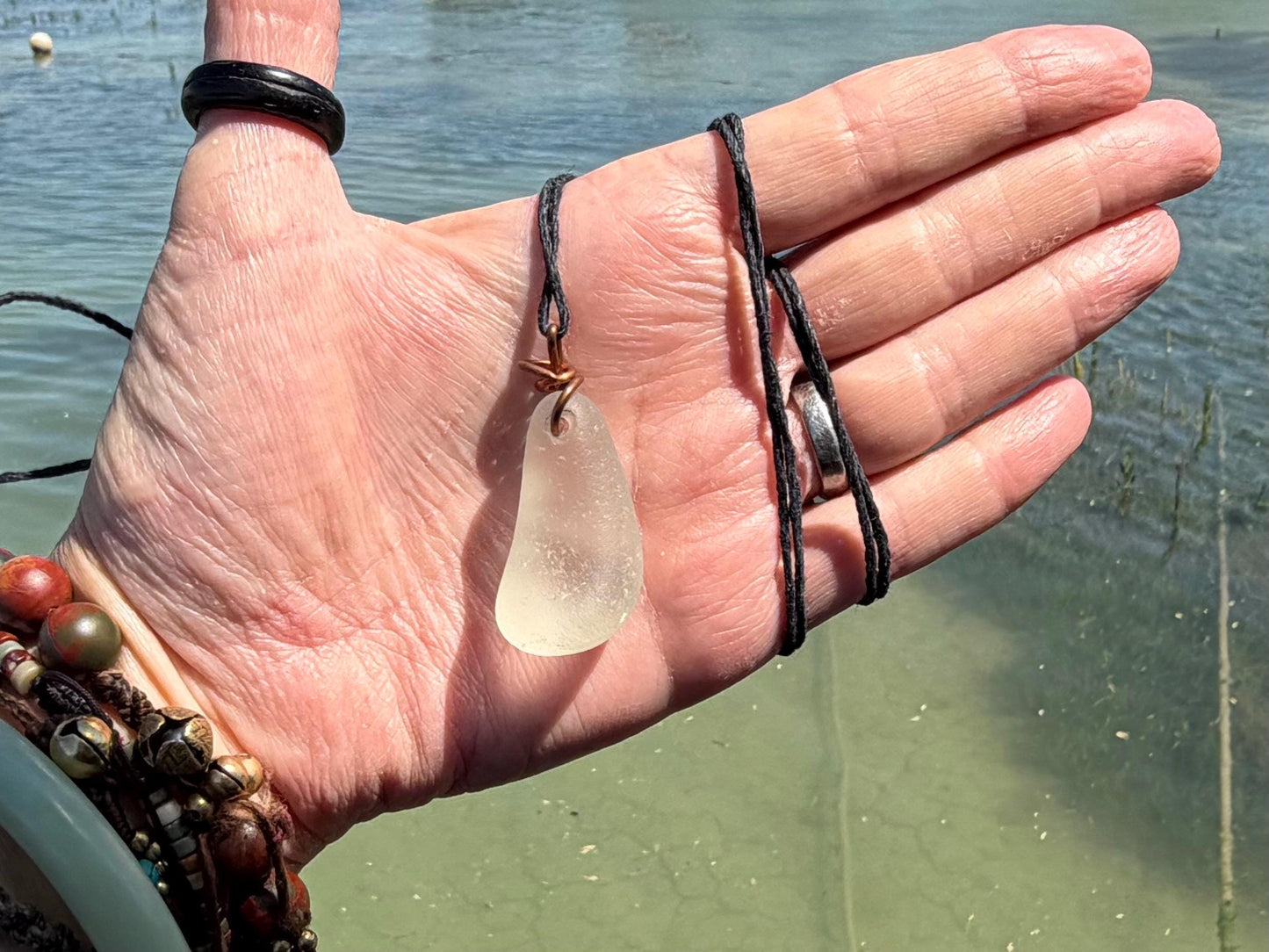 White sea glass necklace wrapped in recycled copper. Recycled necklace. Ethical jewellery. Sea glass pendant. Eco friendly necklace. Boho