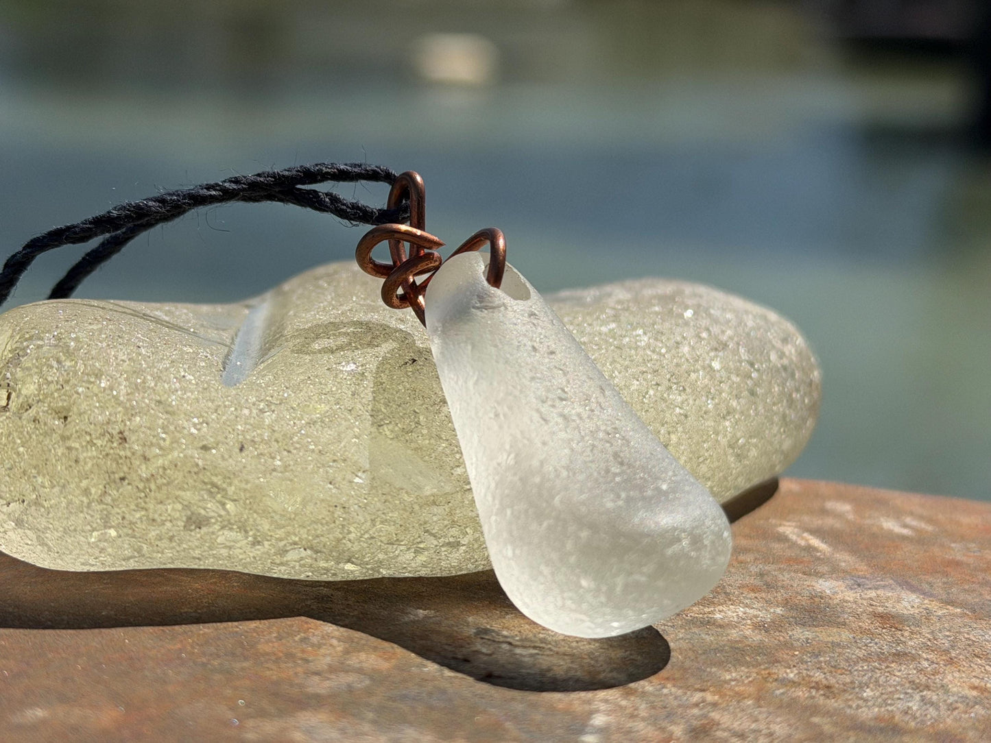 White sea glass necklace wrapped in recycled copper. Recycled necklace. Ethical jewellery. Sea glass pendant. Eco friendly necklace. Boho