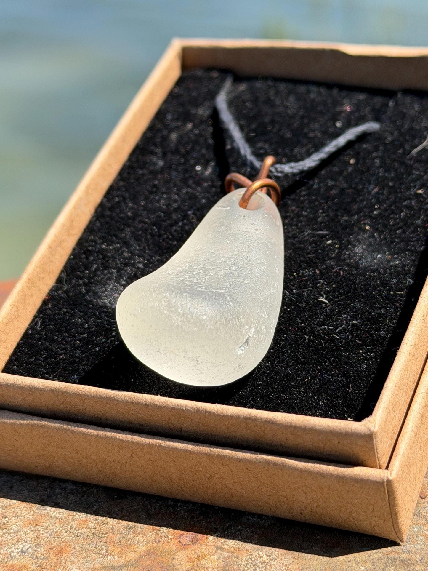 White sea glass necklace wrapped in recycled copper. Recycled necklace. Ethical jewellery. Sea glass pendant. Eco friendly necklace. Boho