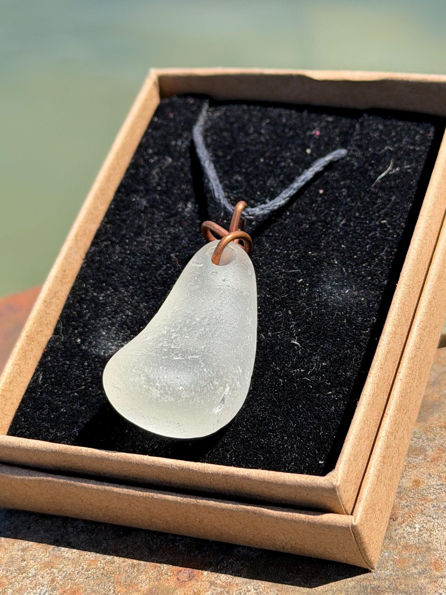 White sea glass necklace wrapped in recycled copper. Recycled necklace. Ethical jewellery. Sea glass pendant. Eco friendly necklace. Boho