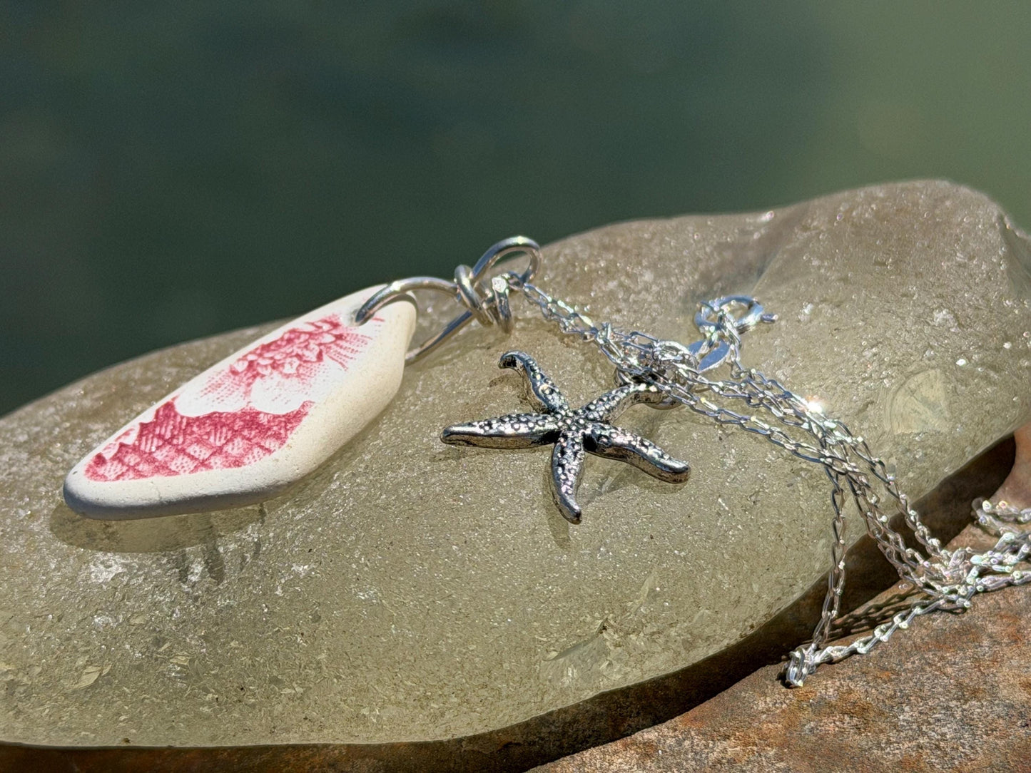 Eco friendly sea ceramic necklace on a sterling silver chain. Eco friendly jewellery, ethical jewellery. Eco friendly necklace.