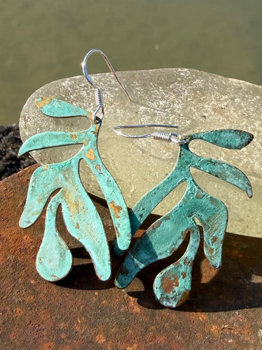 Handmade leaf earrings. Rustic earrings, unusual earrings, unusual gift for her, blue earrings, boho earrings, leaf jewellery, hippy gift