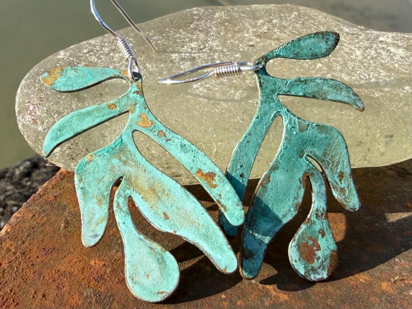 Handmade leaf earrings. Rustic earrings, unusual earrings, unusual gift for her, blue earrings, boho earrings, leaf jewellery, hippy gift
