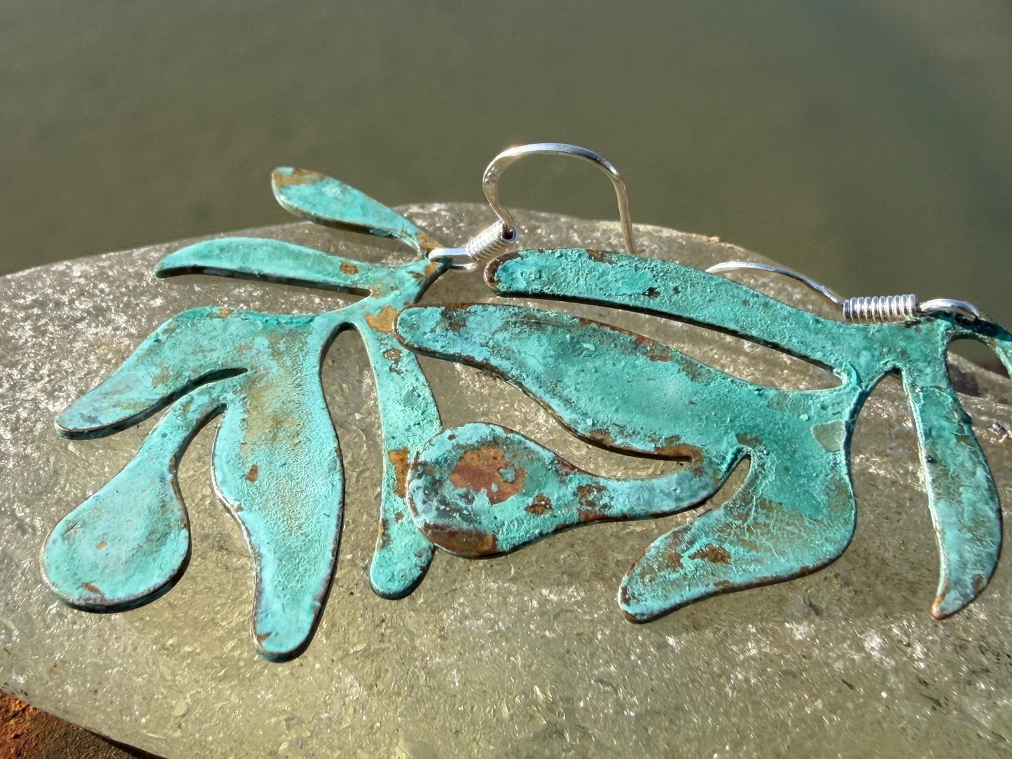 Handmade leaf earrings. Rustic earrings, unusual earrings, unusual gift for her, blue earrings, boho earrings, leaf jewellery, hippy gift