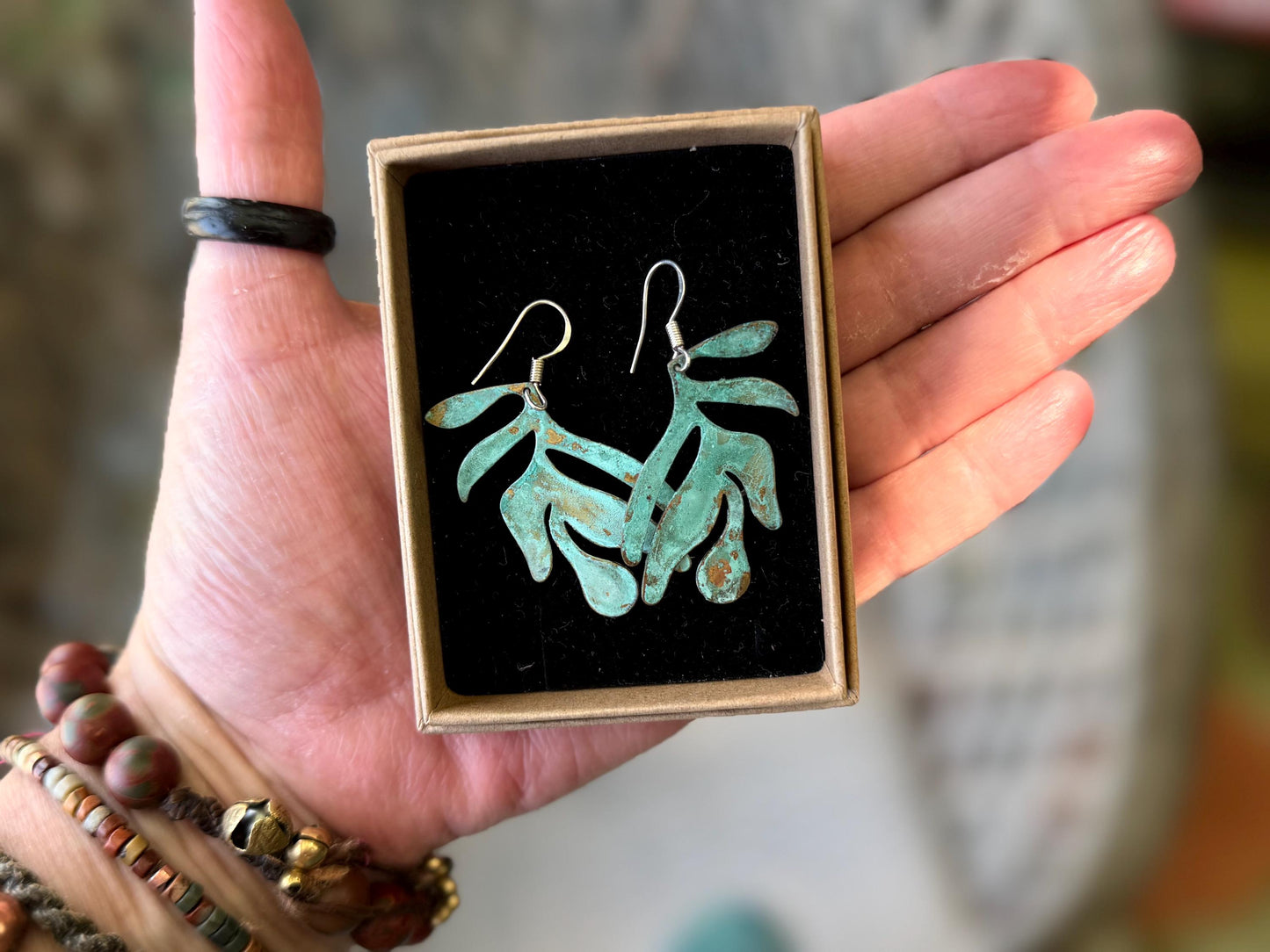 Handmade leaf earrings. Rustic earrings, unusual earrings, unusual gift for her, blue earrings, boho earrings, leaf jewellery, hippy gift