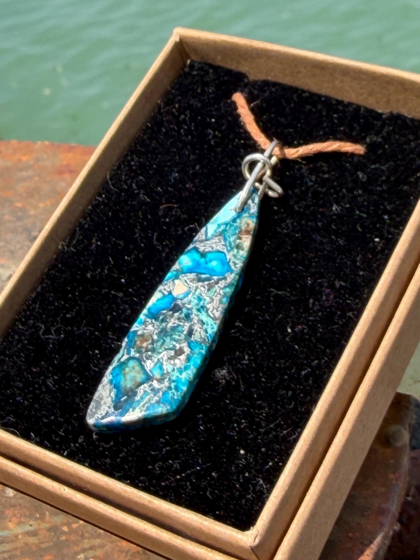 Sea sediment blue jasper gemstone necklace. Ethical jewellery, unusual gemstone pendants. Stunning unique jewellery. Unique gifts.