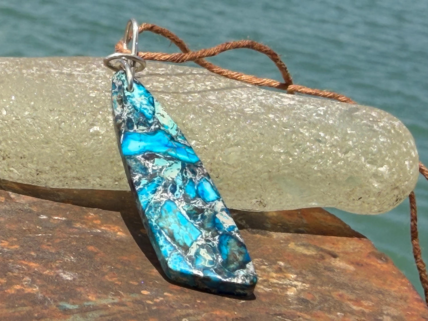 Sea sediment blue jasper gemstone necklace. Ethical jewellery, unusual gemstone pendants. Stunning unique jewellery. Unique gifts.