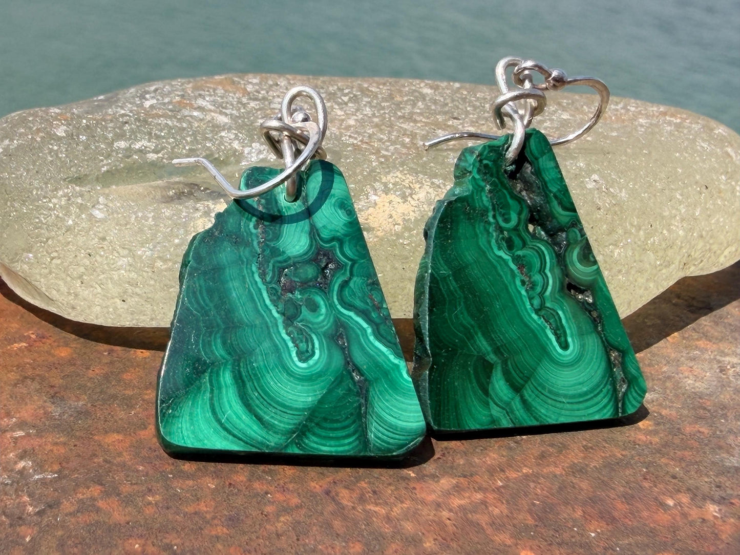 Silver earrings, boho earrings, unusual gift for her, malachite earrings, malachite jewellery, green gemstone earrings. Unusual jewellery