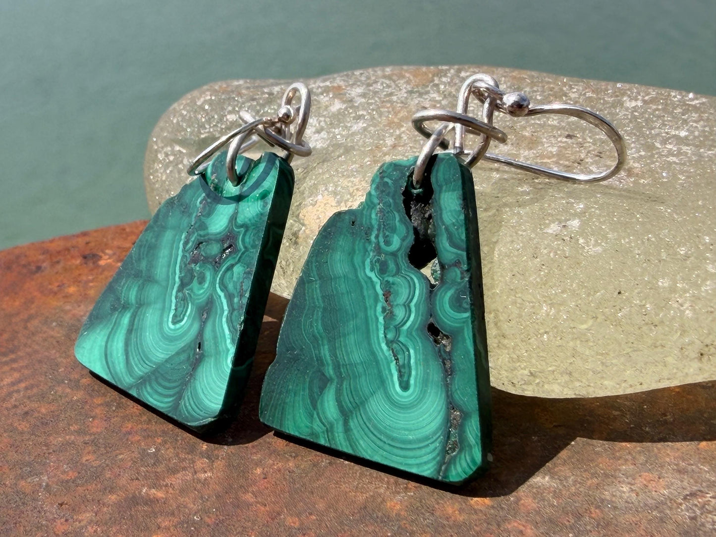 Silver earrings, boho earrings, unusual gift for her, malachite earrings, malachite jewellery, green gemstone earrings. Unusual jewellery