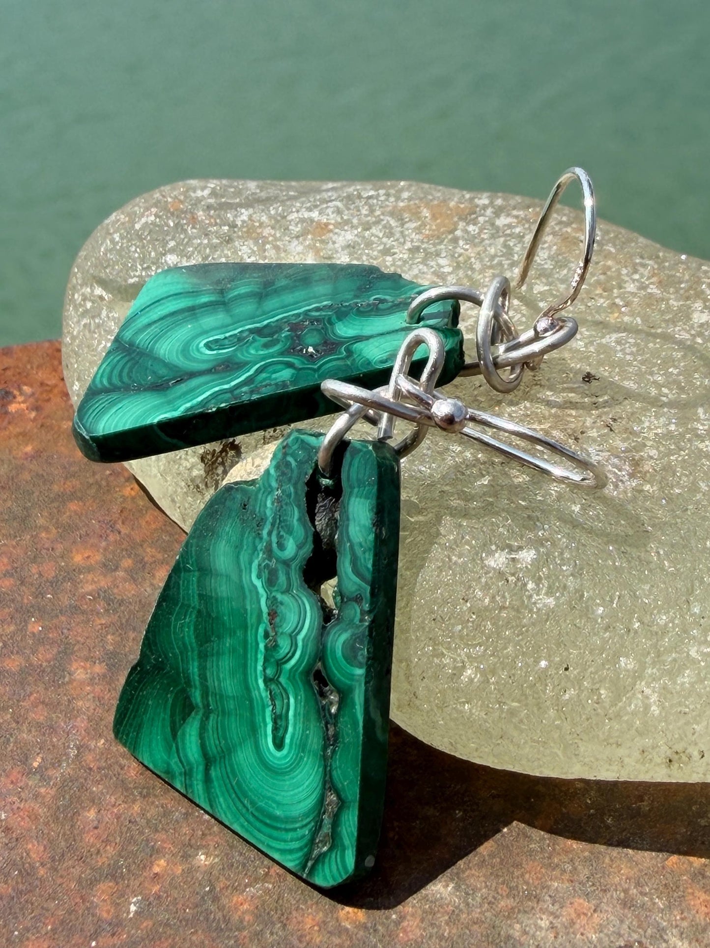 Silver earrings, boho earrings, unusual gift for her, malachite earrings, malachite jewellery, green gemstone earrings. Unusual jewellery