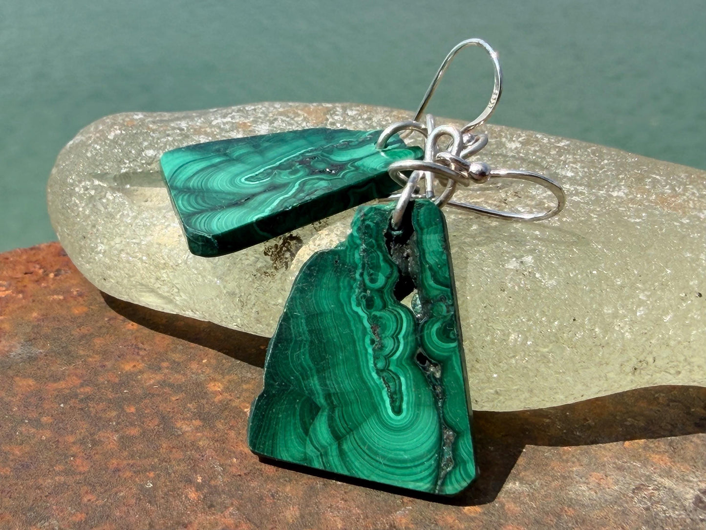 Silver earrings, boho earrings, unusual gift for her, malachite earrings, malachite jewellery, green gemstone earrings. Unusual jewellery