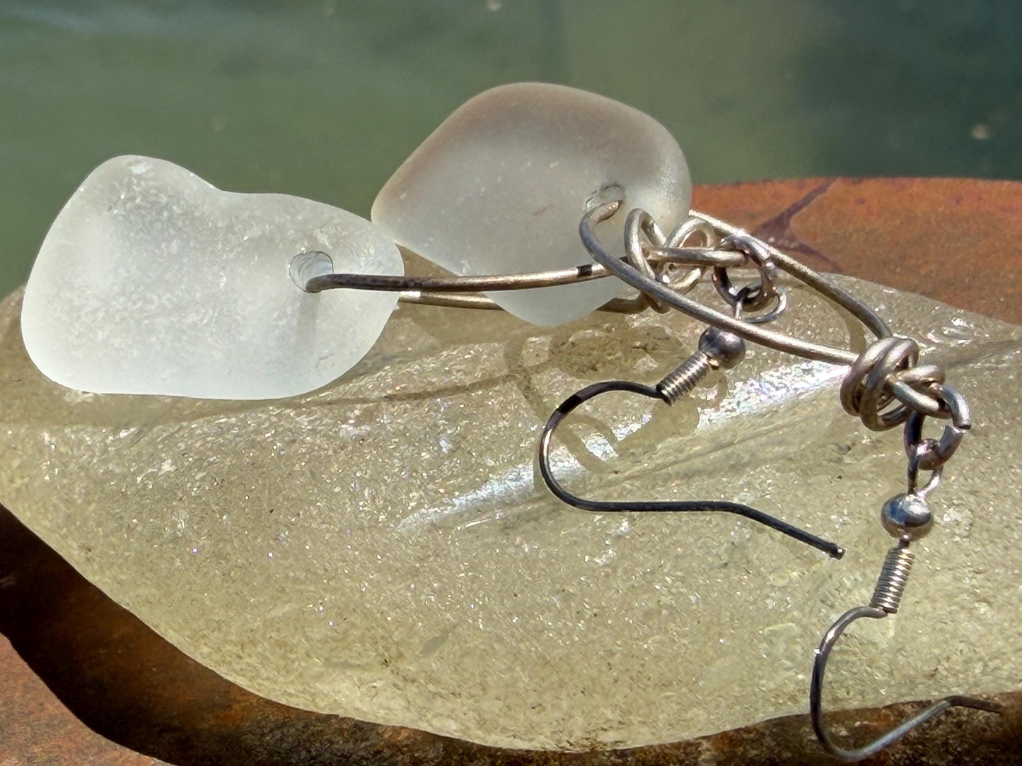 Handmade earrings.  Recycled earrings, sea glass earrings on sterling silver. Handmade gift for her, ethical jewellery, sea glass jewellery