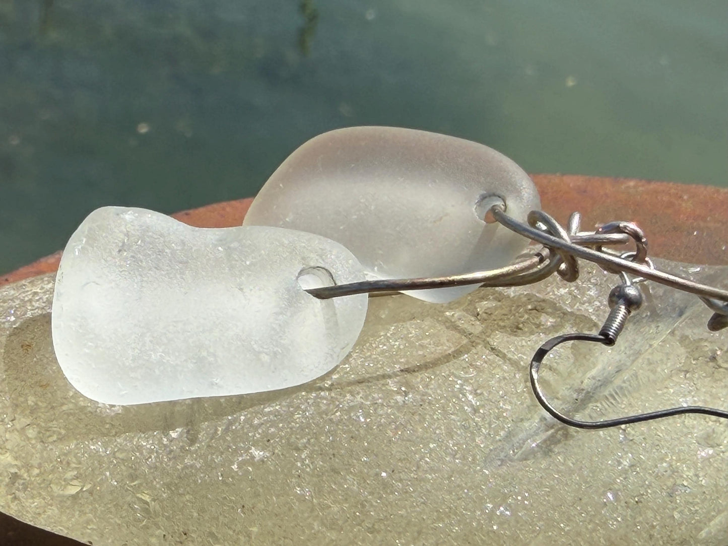 Handmade earrings.  Recycled earrings, sea glass earrings on sterling silver. Handmade gift for her, ethical jewellery, sea glass jewellery