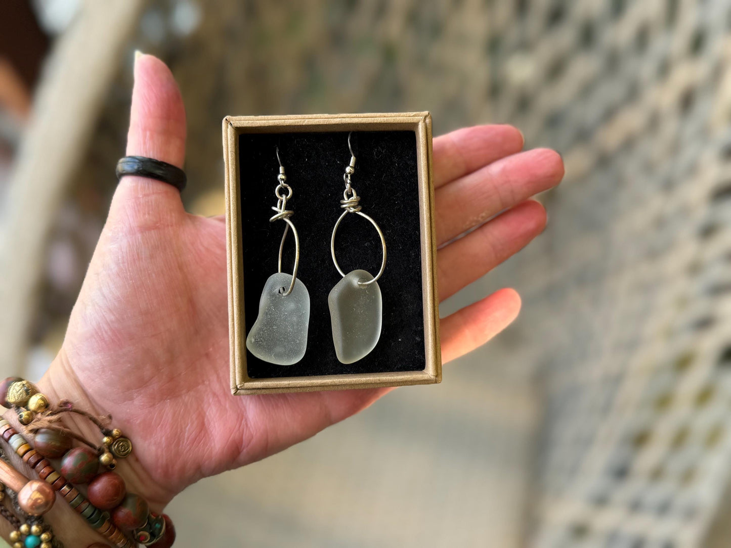 Handmade earrings.  Recycled earrings, sea glass earrings on sterling silver. Handmade gift for her, ethical jewellery, sea glass jewellery
