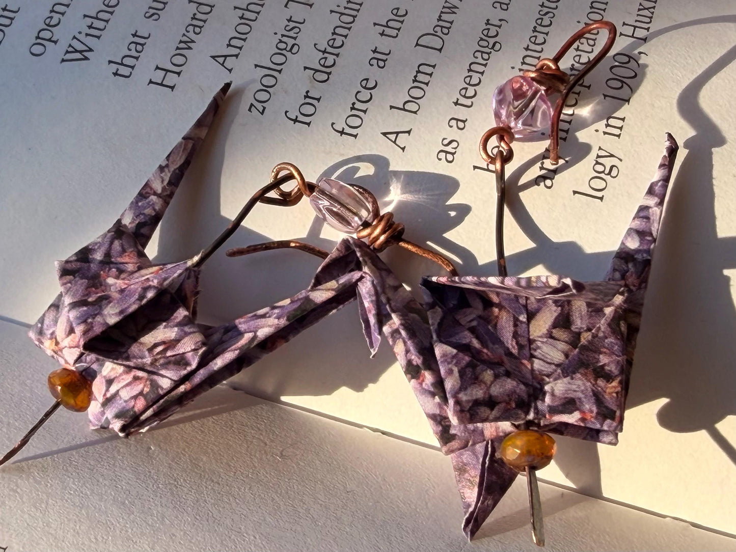 Bird origami earrings on recycled metals. Eco friendly jewellery. Bird earrings. Handmade bird jewellery. Pink birds. Ethical jewellery.
