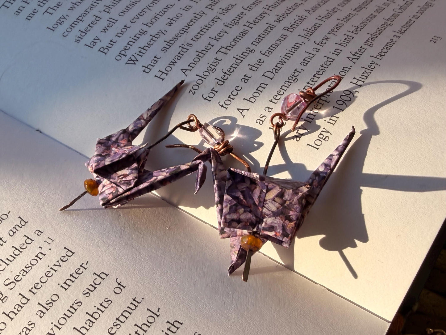 Bird origami earrings on recycled metals. Eco friendly jewellery. Bird earrings. Handmade bird jewellery. Pink birds. Ethical jewellery.