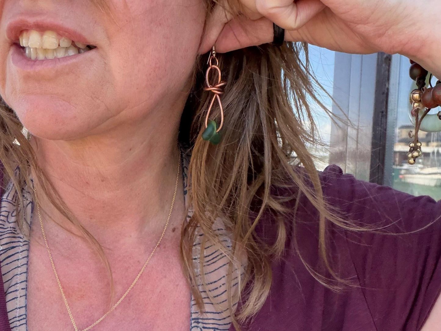Handmade green sea glass on recycled copper. Unique earrings, ethical jewellery, unusual jewellery, eco friendly jewellery. Quirky jewellery