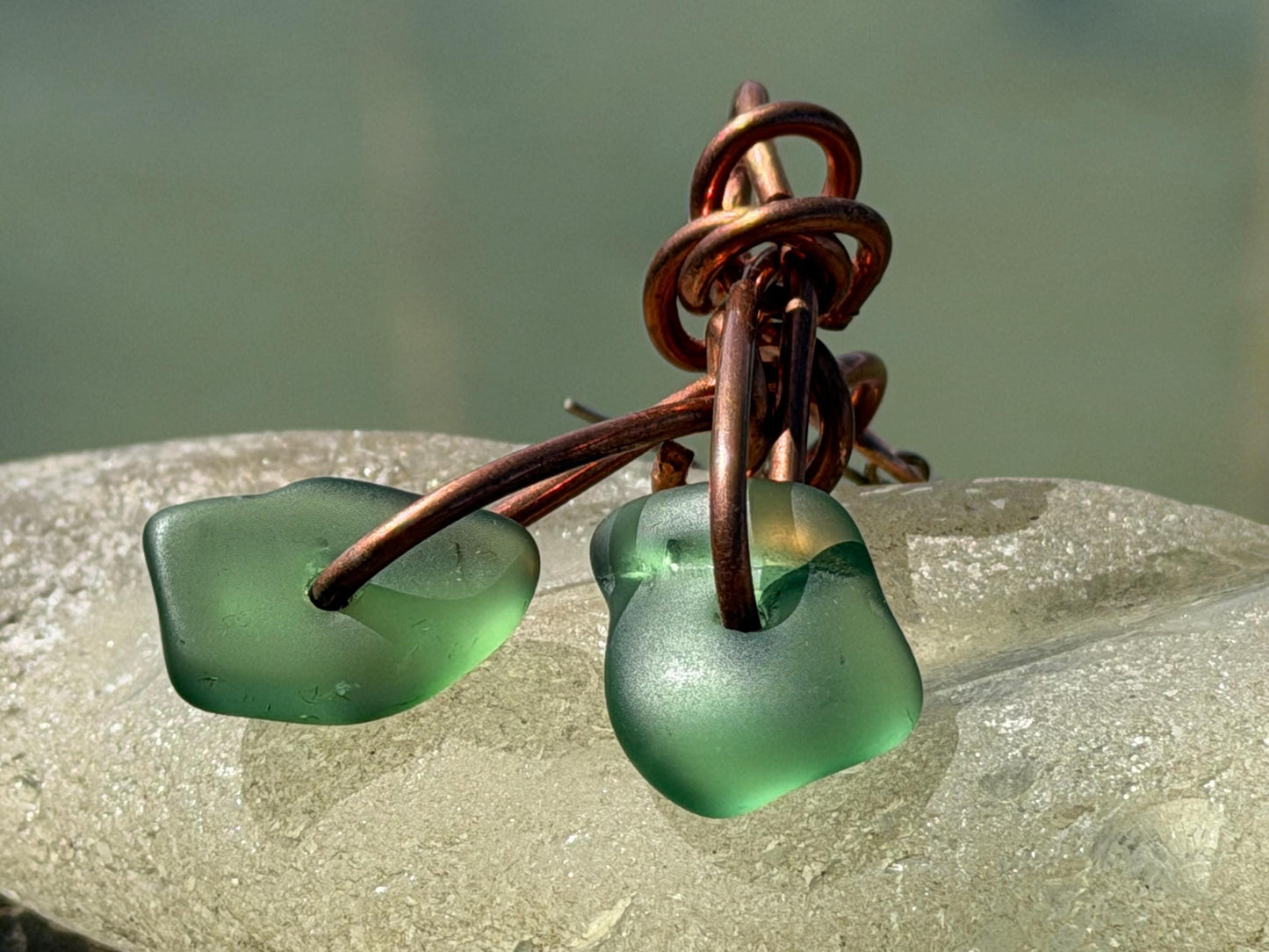 Handmade green sea glass on recycled copper. Unique earrings, ethical jewellery, unusual jewellery, eco friendly jewellery. Quirky jewellery