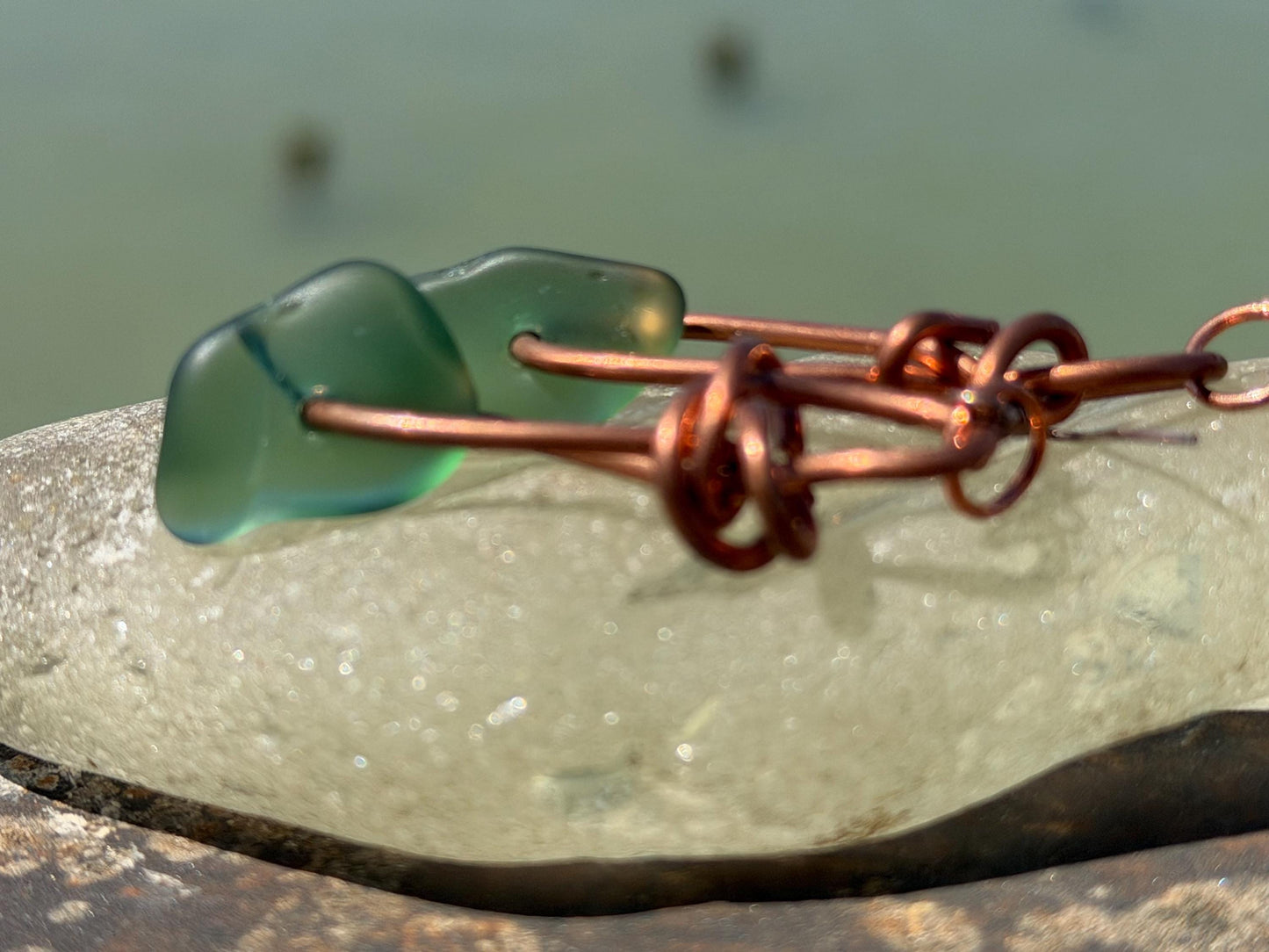 Handmade green sea glass on recycled copper. Unique earrings, ethical jewellery, unusual jewellery, eco friendly jewellery. Quirky jewellery