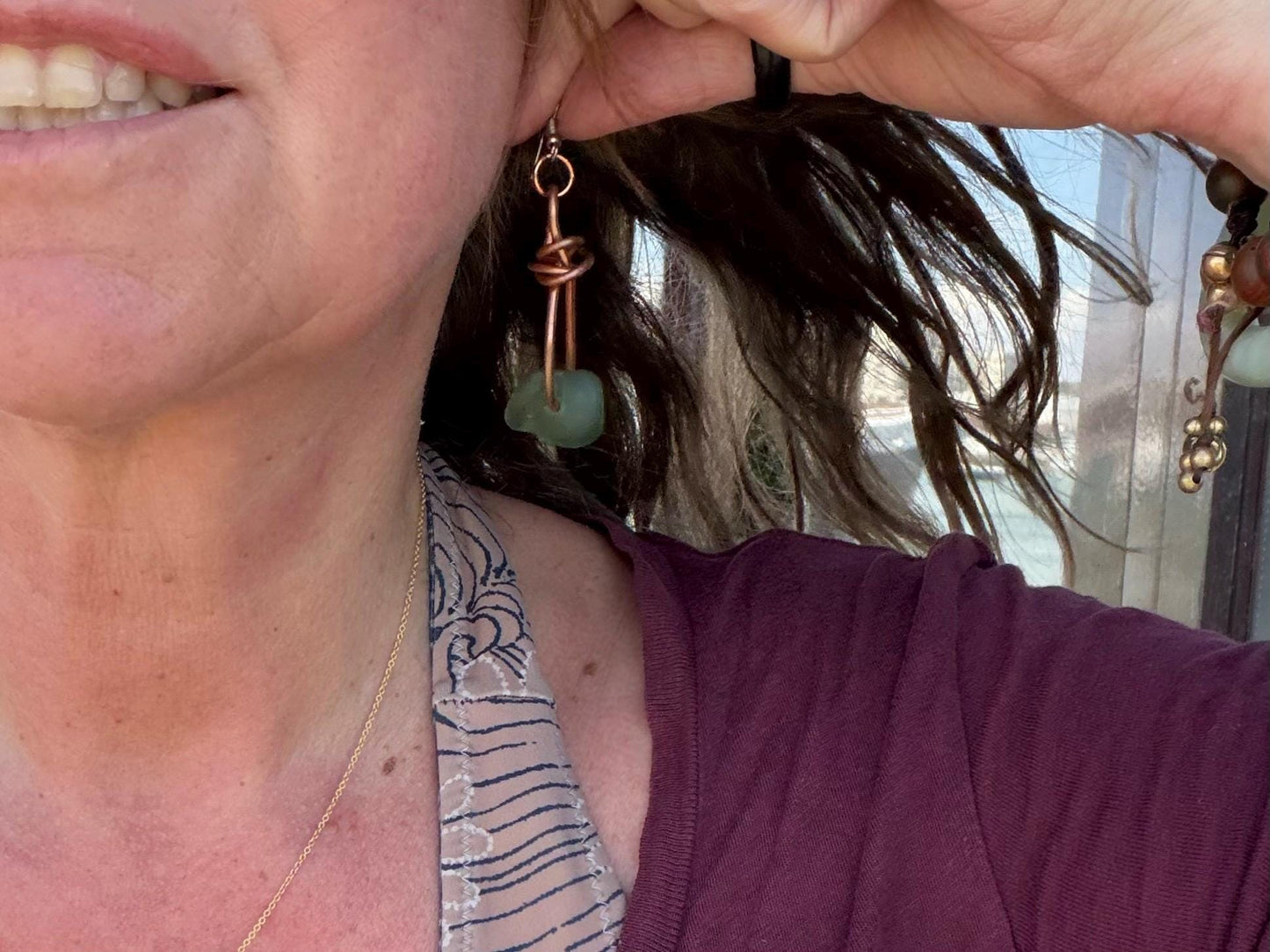 Handmade green sea glass on recycled copper. Unique earrings, ethical jewellery, unusual jewellery, eco friendly jewellery. Quirky jewellery