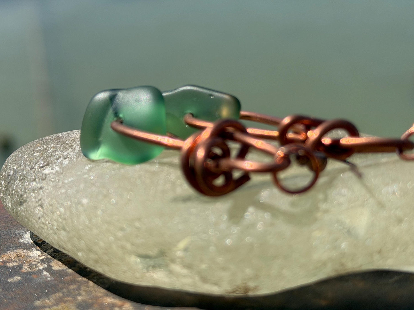 Handmade green sea glass on recycled copper. Unique earrings, ethical jewellery, unusual jewellery, eco friendly jewellery. Quirky jewellery