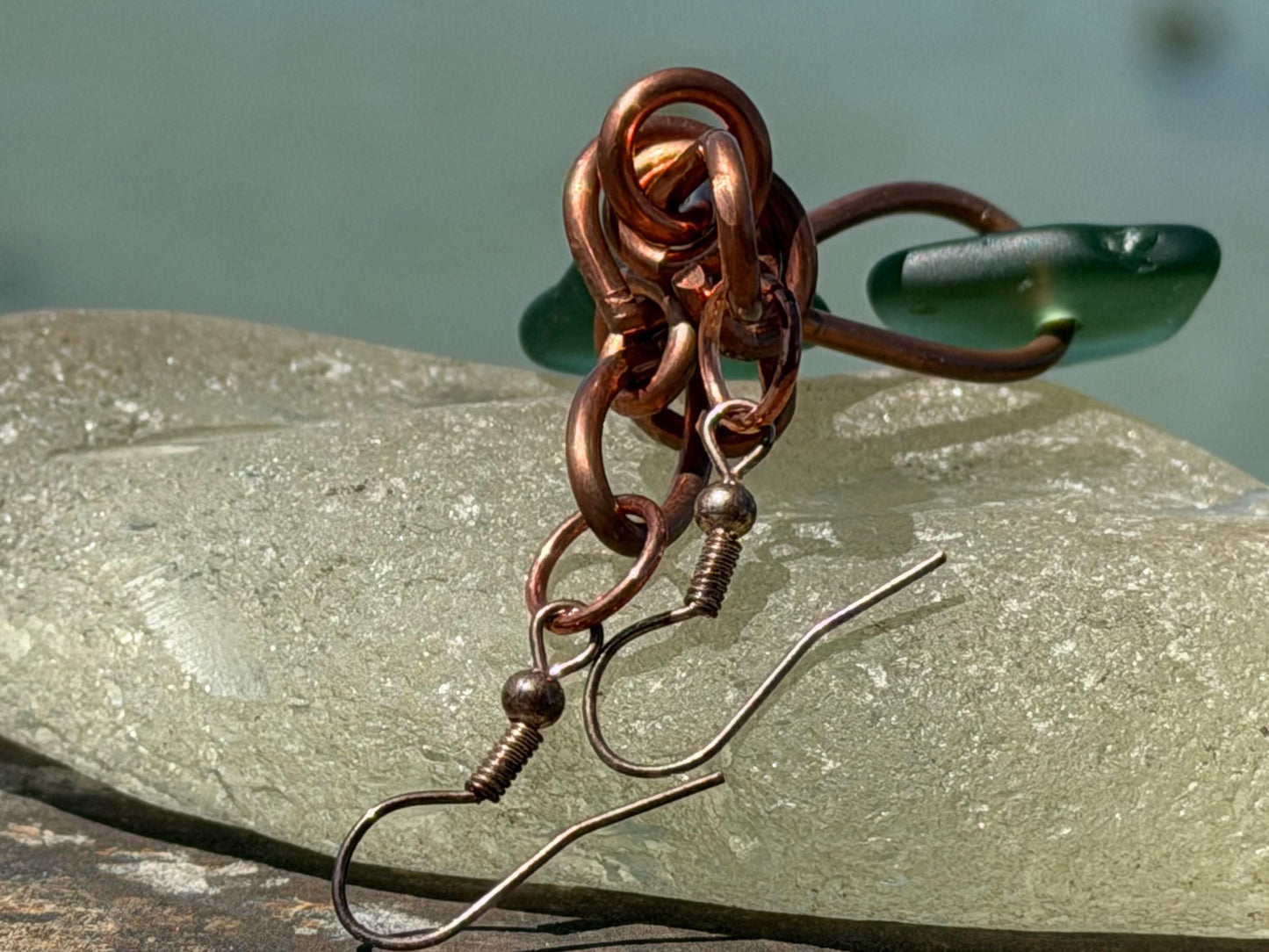 Handmade green sea glass on recycled copper. Unique earrings, ethical jewellery, unusual jewellery, eco friendly jewellery. Quirky jewellery