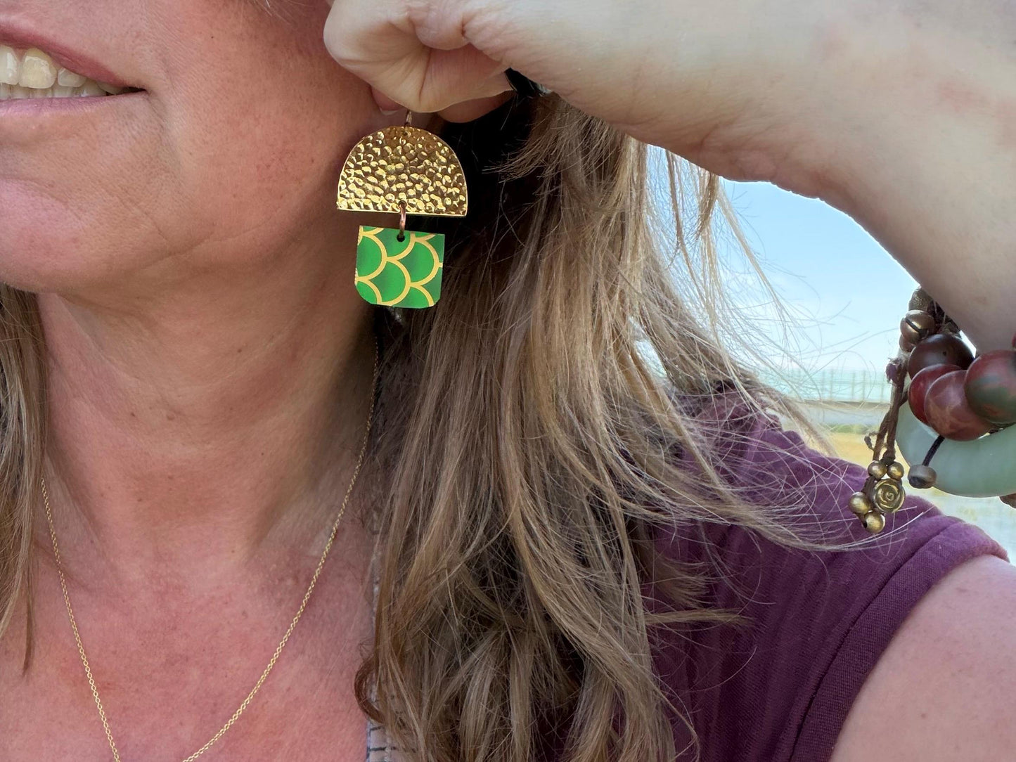 Bright green earrings, boho jewellery, unique earrings, eco friendly jewellery, gift for her, ethical jewellery, large statement earrings.