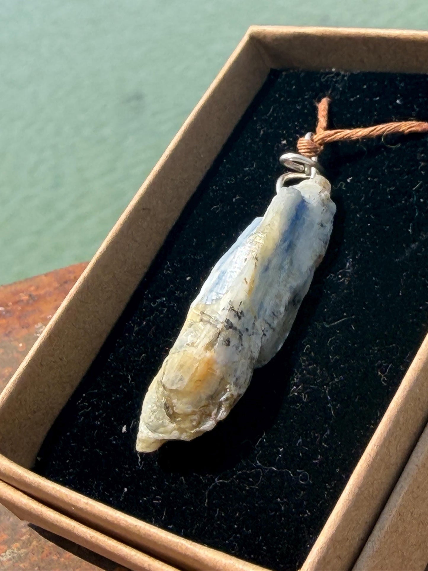 Raw blue kyanite pendant hung on recycled sterling silver. Unique jewellery. handmade unusual jewellery, ethically made eco friendly gifts