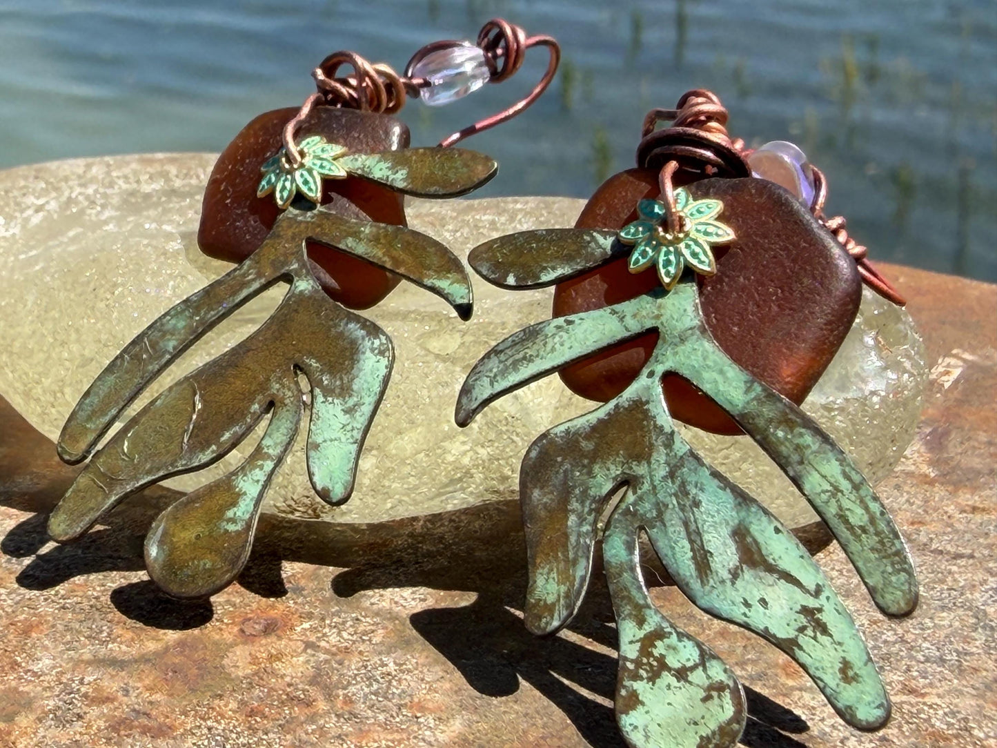 Eco friendly sea glass, leaf & recycled copper earrings. Unique earrings, ethical jewellery, unusual boho jewellery, eco friendly jewellery.