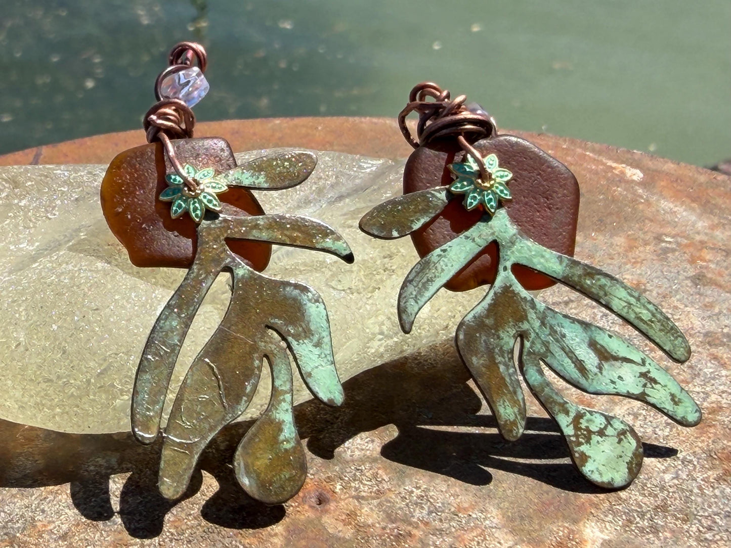Eco friendly sea glass, leaf & recycled copper earrings. Unique earrings, ethical jewellery, unusual boho jewellery, eco friendly jewellery.