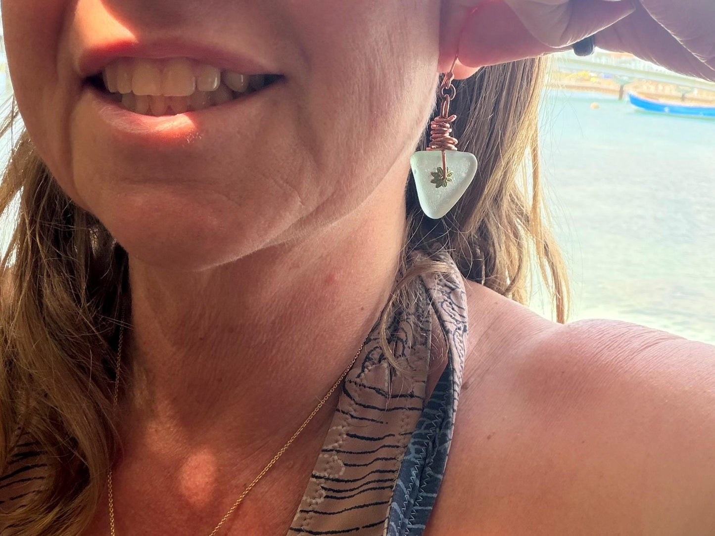 Eco friendly aqua sea glass and recycled copper earrings. Unique earrings, ethical jewellery, unusual boho jewellery, sea glass jewellery.