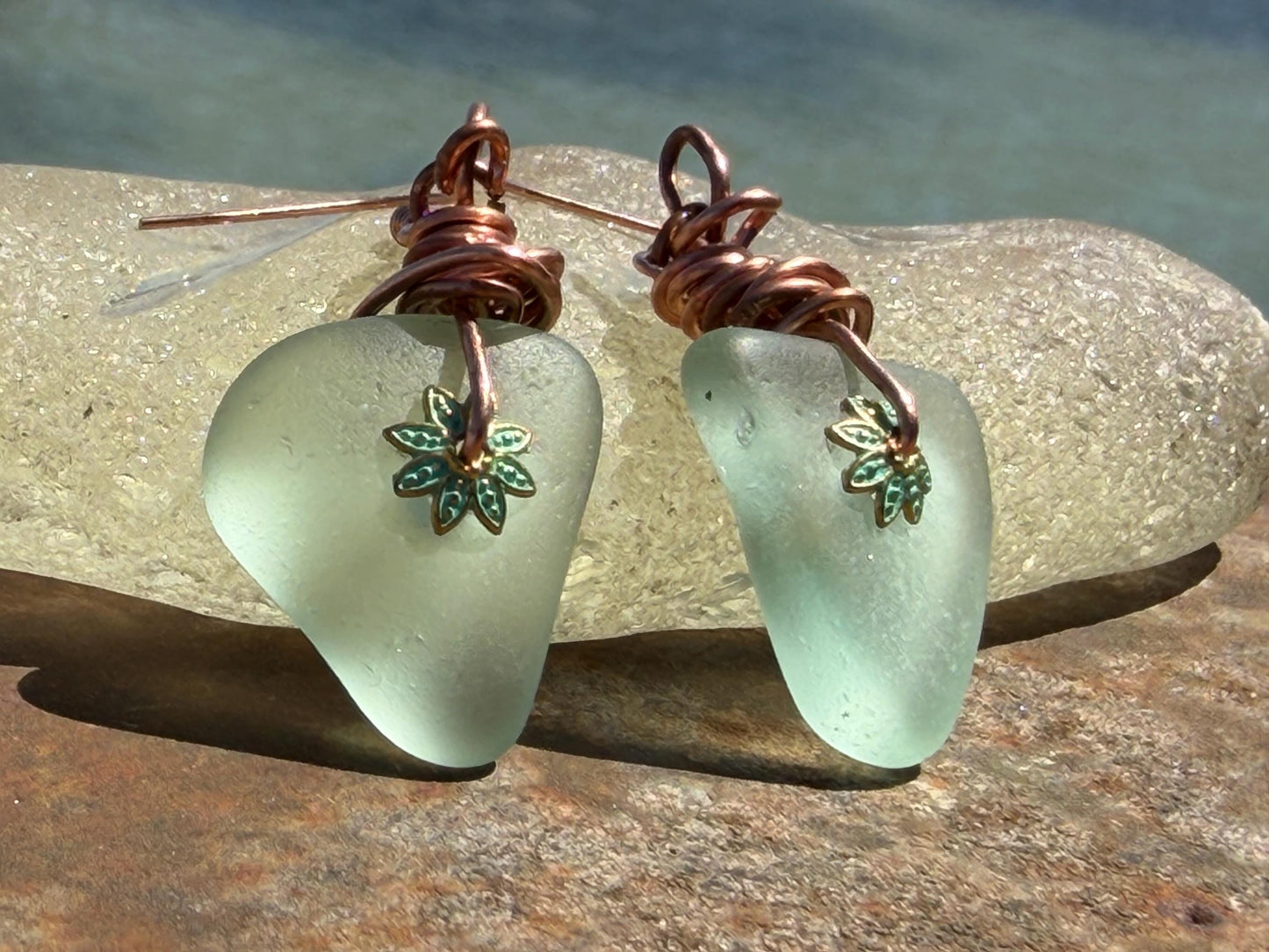 Eco friendly aqua sea glass and recycled copper earrings. Unique earrings, ethical jewellery, unusual boho jewellery, sea glass jewellery.