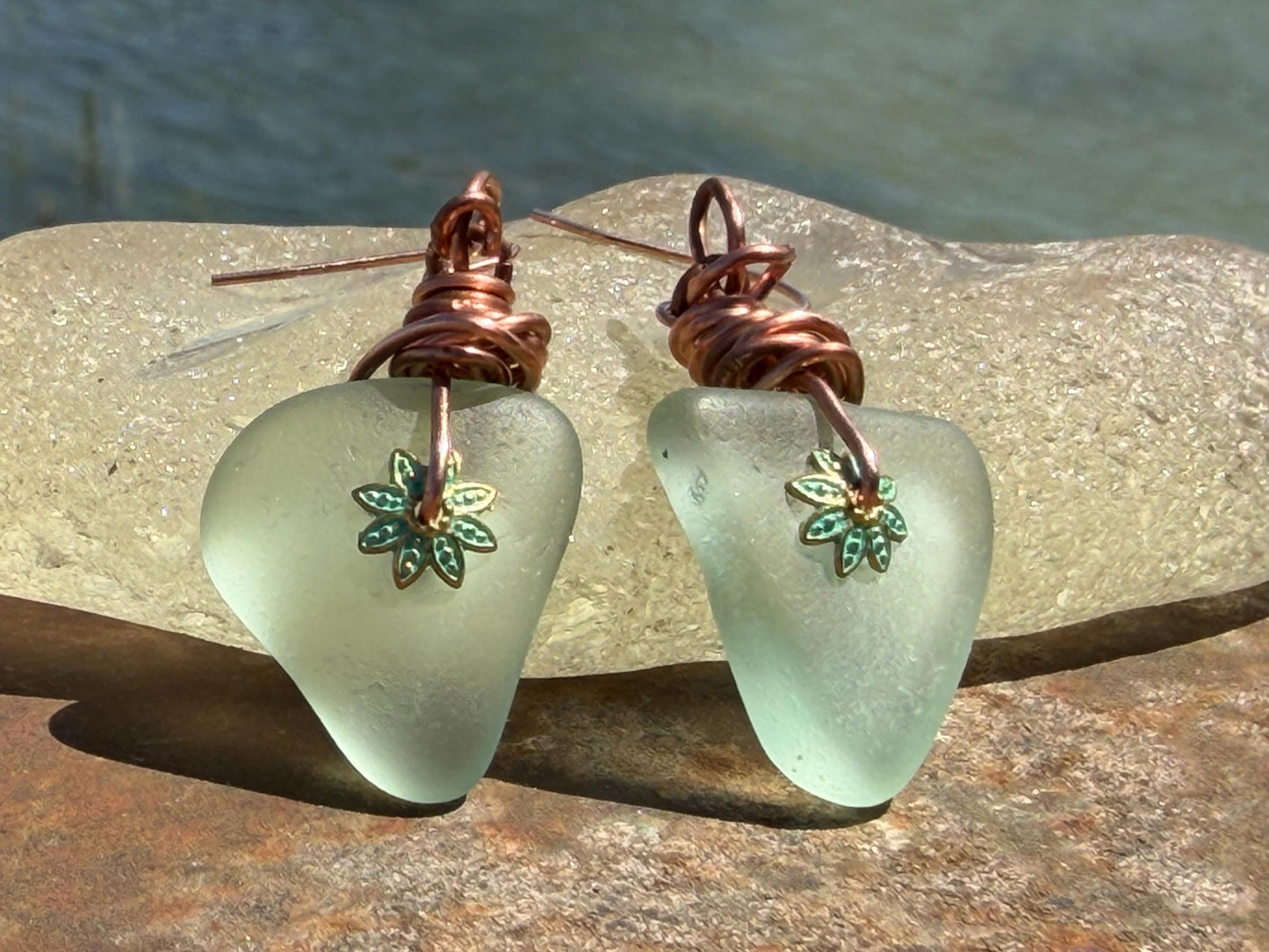 Eco friendly aqua sea glass and recycled copper earrings. Unique earrings, ethical jewellery, unusual boho jewellery, sea glass jewellery.