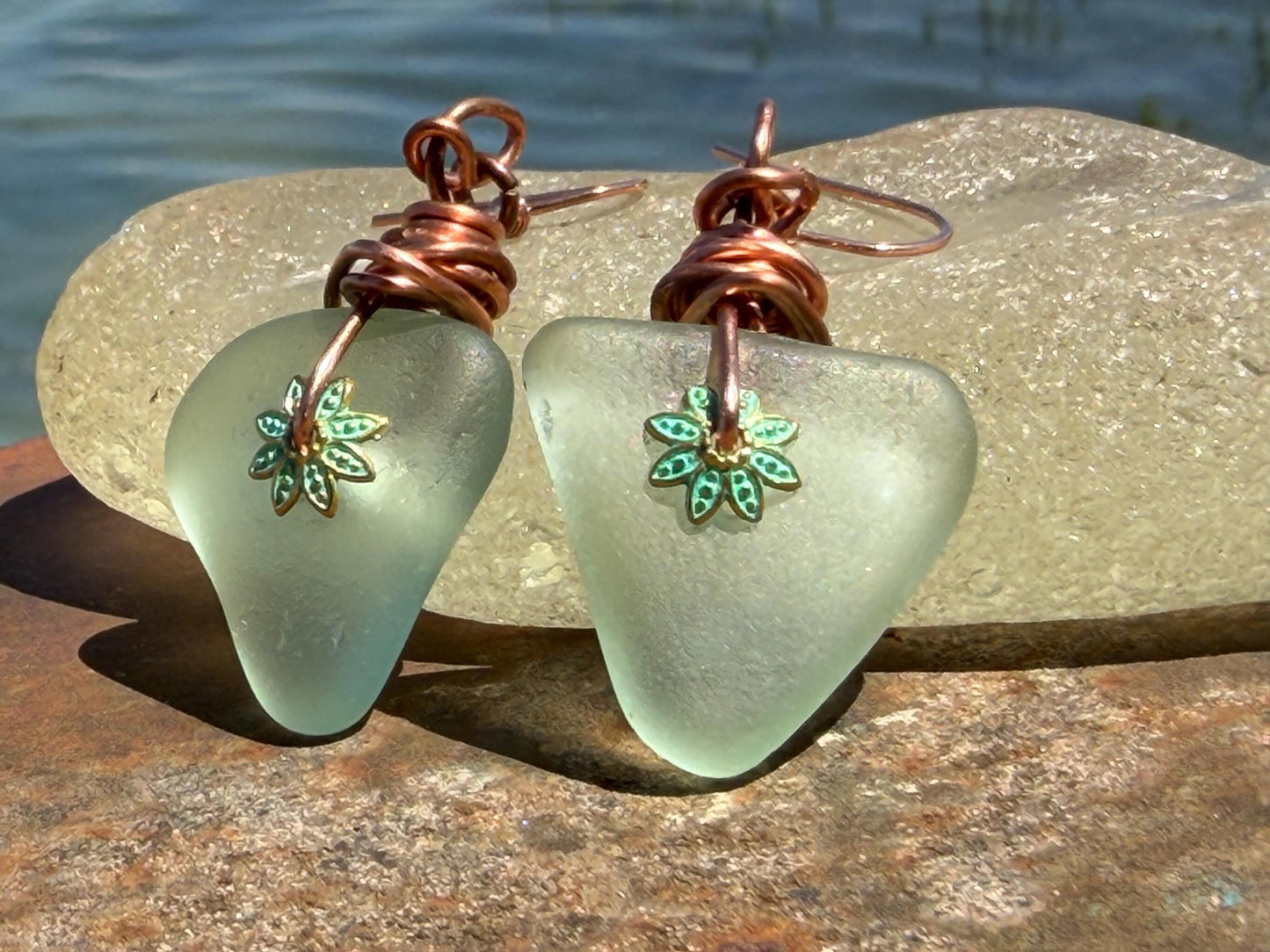 Eco friendly aqua sea glass and recycled copper earrings. Unique earrings, ethical jewellery, unusual boho jewellery, sea glass jewellery.